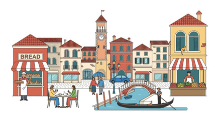 Venice Canal Scene with Gondola, Bridge, Shops, and People Dining © Barokah
