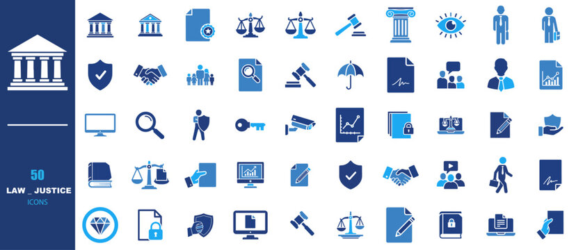 Law and justice icons set, 50 professional blue legal vector symbols, courthouse and scales of justice graphics for attorney and lawyer websites