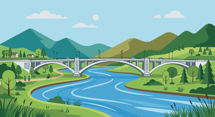 Obraz premium Scenic Landscape Illustration Featuring a Modern Concrete Arch Bridge Spanning Over a Serene Winding River Surrounded by Rolling Mountains