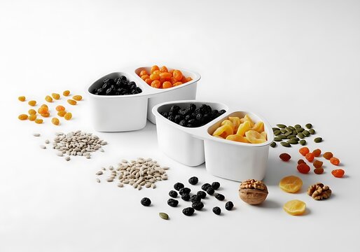 Arrangement of Dried Fruits Nuts and Seeds in White Bowls for Healthy Snack