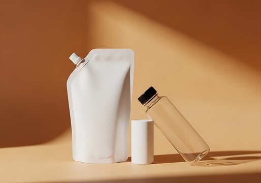 Clean Packaging Mockup with Spouted Pouch and Bottle for Drinks