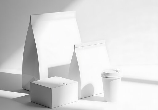 Blank White Paper Bags and Coffee Cup Mockup for Branding and Packaging Design