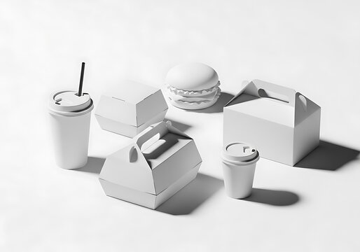 Minimalist Food Packaging Mockup Setup with Burger and Drinks for Branding