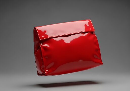 Shiny Red Lunch Bag Floating in Studio with Grey Background