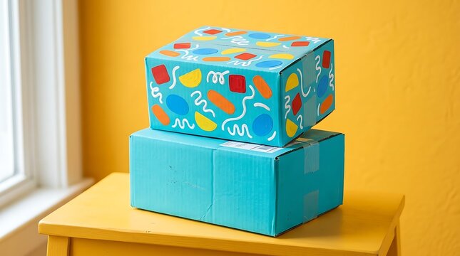 Turquoise Cardboard Boxes Stacked with Festive Abstract Shapes and Squiggles for Shipping and Delivery