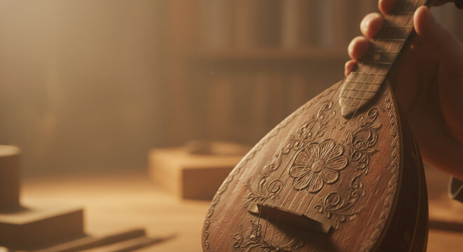 Close-up of a vintage wooden mandolin with intricate floral carvings held by a hand in a warm, dusty, dimly lit room with bookshelves in the background