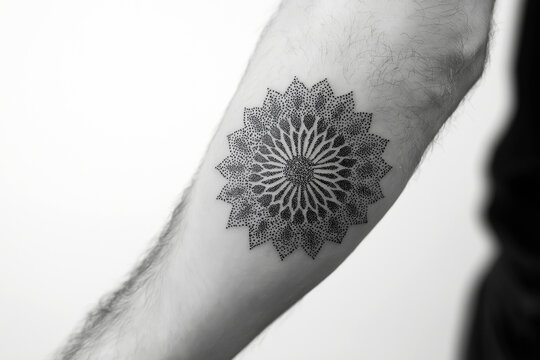 Macro shot of a dotwork stippling tattoo on a forearm, intricate mandala composed entirely of tiny dots, black ink