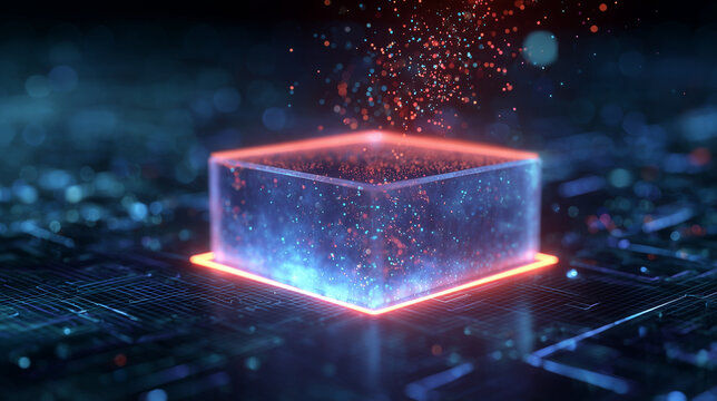 Translucent glass cube emitting glowing particle stream above circuit-board surface with magenta accents