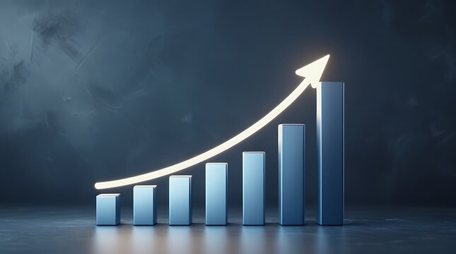Bar chart showing upward trend with growth arrow on dark background, business concept.