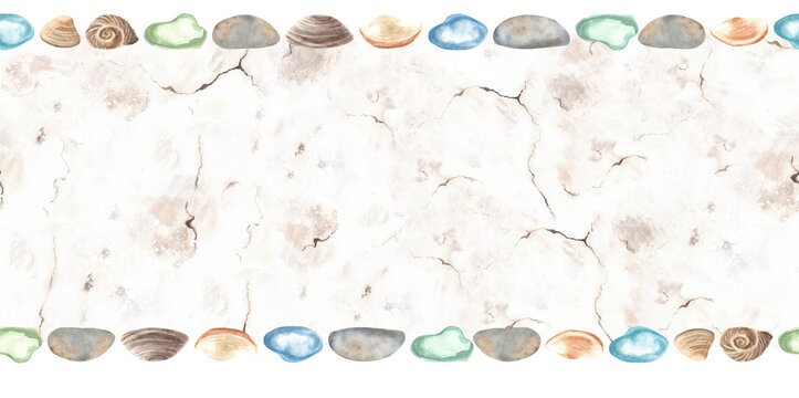 Horizontal seamless border of watercolor seashells and sea glass on a cracked wall background, hand-painted illustration. Mediterranean coastal style. For cards decoration, packaging, scrapbooking