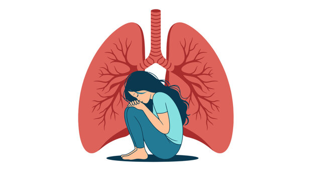 Woman feeling anxious and trapped inside a representation of lungs, symbolizing respiratory distress.
