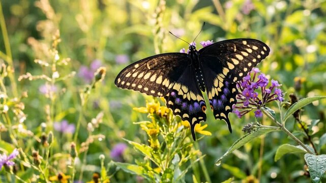 black swallowtail butterfly in north america garden close up beautiful composition morning light video