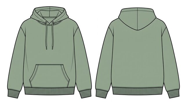 Technical Fashion Flat Drawing &mdash; Sage Pullover Hoodie Front and Back View, Kangaroo Pocket, Drawstring Hood, Ribbed Cuffs, Apparel Spec Sheet Vector