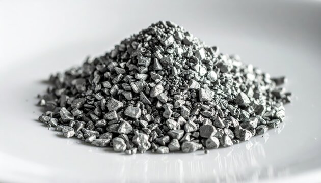 Small zinc granules piled in a conical heap on a white ceramic dish