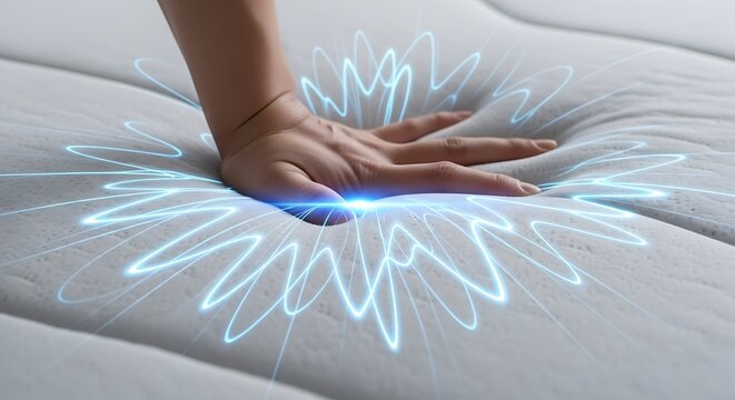 Hand pressing into memory foam mattress with pressure relief technology.