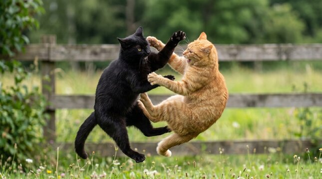 Two cats fighting in the air outdoors. Black cat and ginger cat jumping and wrestling on grass. Aggressive behavior between pets. Animals in conflict, territorial dispute concept.
