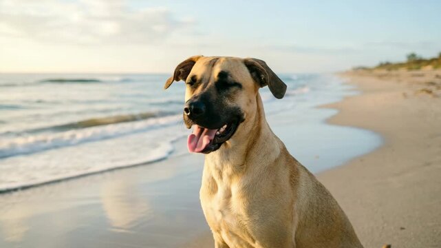 black mouth cur at gulf coast beach close up morning light video