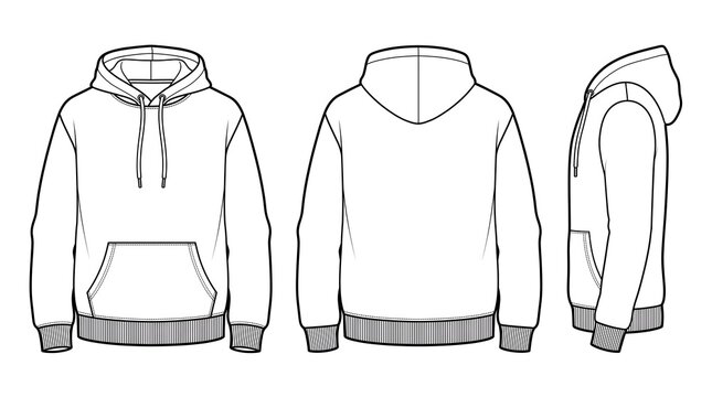 Technical Apparel Spec Sheet &mdash; Pullover Hoodie Front Back Side & 3/4 View, Classic Fit, Ghost Mannequin Style, Kangaroo Pocket, Metal Aglet Drawstring, Ribbed Cuffs & Hem, Black Outline Vector