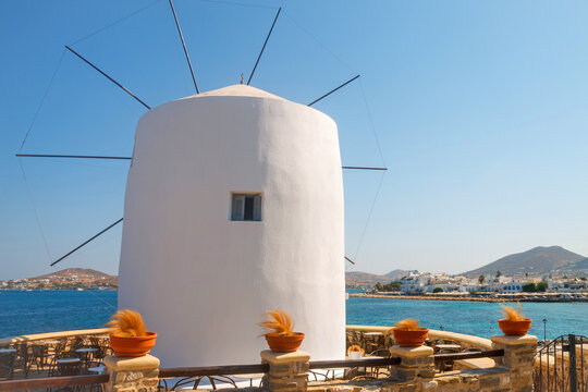 Paros, Greece, a morning view of the Paros coast from the main windmill