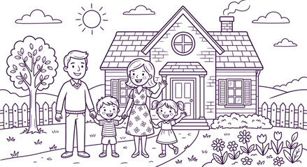 Naklejka premium Happy family in front of house silhouette