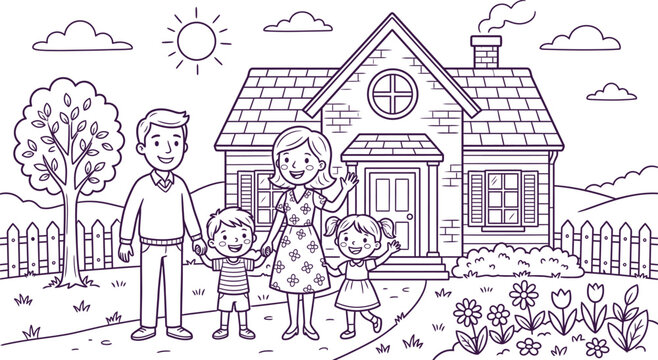 Happy family in front of house silhouette