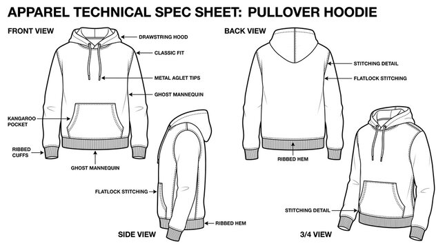 Professional Hoodie Apparel Technical Specification Sheet &mdash; Classic Fit Pullover with Kangaroo Pocket, Drawstring Hood & Ribbed Cuffs, Multi-View Flat Linework, Fashion Tech Pack Vector