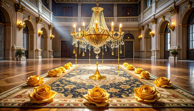 Gleaming gold chandelier hanging over a plush patterned carpet adorned with yellow roses in an opulent mansion hall, creating a luxurious and cinematic banner with a warm artistic atmosphere.