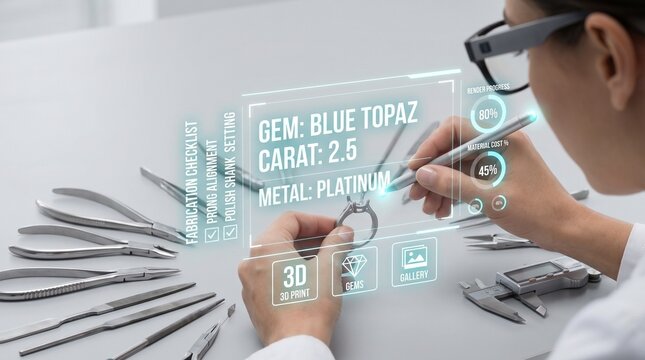 Jeweler using augmented reality glasses to design a platinum ring with a blue topaz gemstone