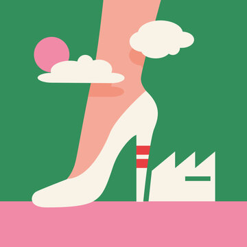 Sustainability Concept Illustration of Factory with Shoe Chimney Representing Fast Fashion Impact