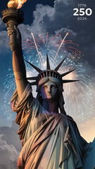Obraz premium Statue of Liberty with fireworks and dramatic clouds, celebrating 250 years of US independence