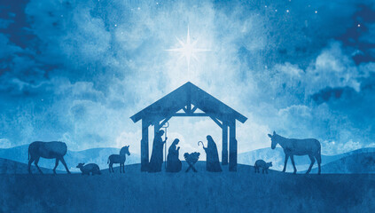 Naklejka premium Nativity scene silhouette with star and animals under a blue sky