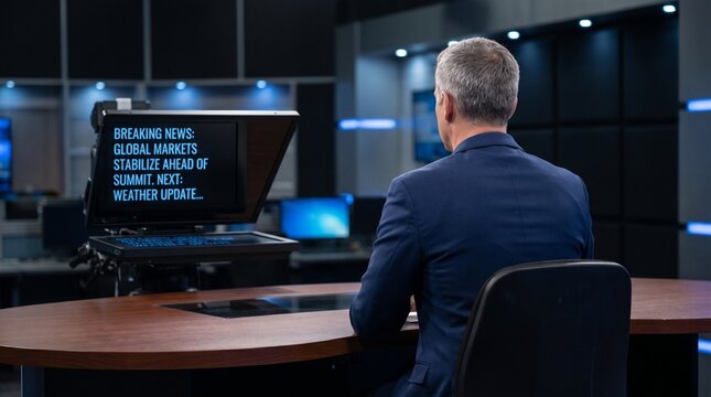 News anchor man sitting at a desk with a teleprompter in a television studio. Professional journalist broadcasting report. Media industry communication and digital technology concept.