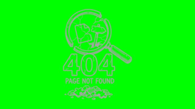 Hand drawn sketch of website error 404 page not found with broken magnifying glass and flashing white light effect on green screen chroma key background