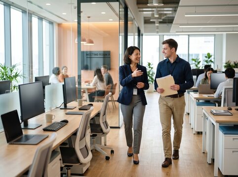 Employee welcoming new hire with office tour during first day onboarding