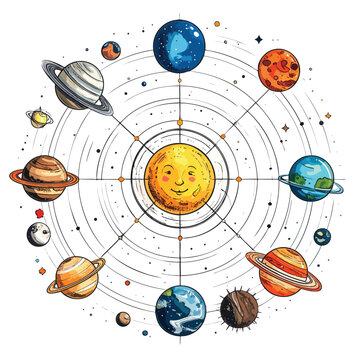 Vintage Hand Drawn Solar System Illustration with Planets Orbiting the Sun.
