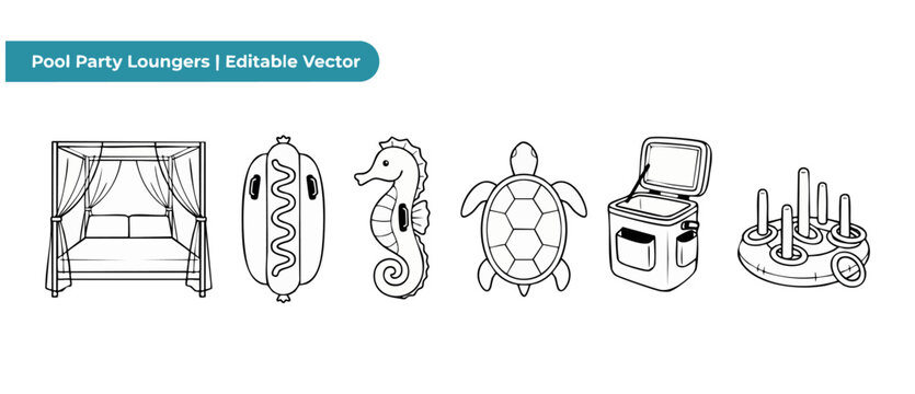 Inflatable pool loungers vector icon set features luxury cabana daybed, hot dog float, seahorse, turtle, floating cooler, and ring toss game for summer backyard swimming pool leisure party fun games.