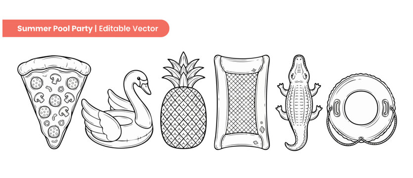Inflatable pool float vector illustrations of pizza slice, swan, pineapple, air mattress lounge, alligator, and inner tube ring for summer pool party graphic design, coloring book page template art.
