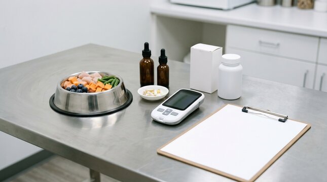 Veterinary nutrition research setup with pet bowl droppers and health meter