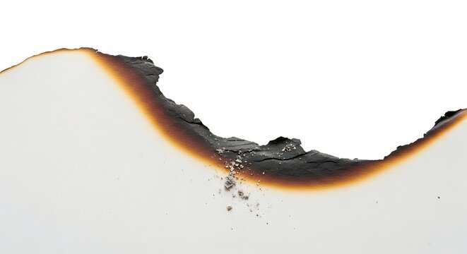 Burnt edge of a torn paper sheet with orange flames on white background