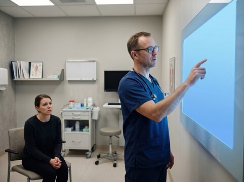 Doctor hesitating before diagnostic panel as worried patient waits in clinic