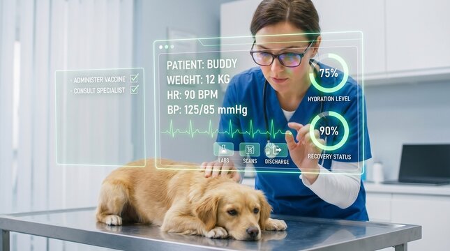 Veterinarian examining a dog with digital medical data overlay