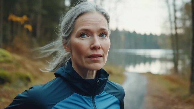 A woman runs along a path by a lake surrounded by trees on an autumn day, focusing on her steps and breath