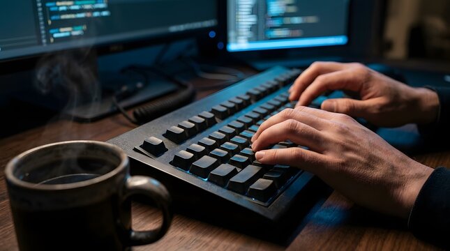 Programmer Hands Typing on Mechanical Keyboard in Dark Room with Coding Screens and Hot Coffee - Software Development Concept