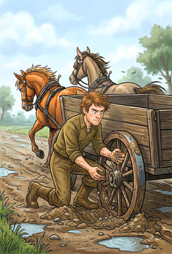 Man repairing cart wheel stuck in mud on rural path with horse drawn countryside agriculture