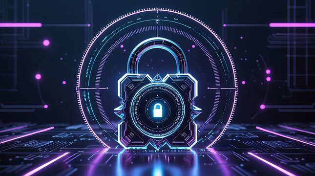 Digital padlock icon represents cyber security with data protection and encryption technology.