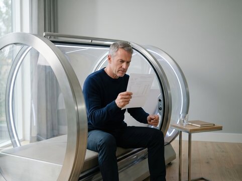 Man in home hyperbaric chamber reading biomarker report for wellness future