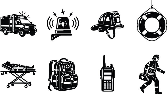 Collection of emergency response and rescue service icons including ambulance, siren, firefighter helmet, life preserver, stretcher, medical backpack, radio, and rescue worker