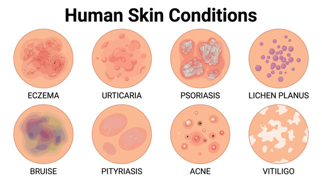 Infographic of various human skin conditions including eczema, urticaria, and acne with a medical illustration style and a predominantly orange and white color scheme on
