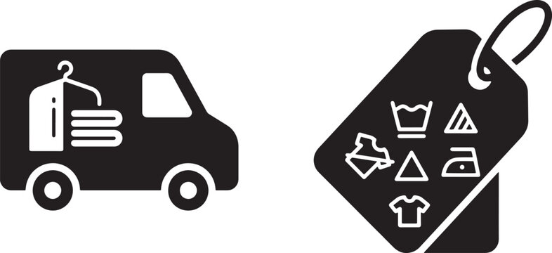 Art & Illustration, Commercial silhouette icons showing a fast shipping delivery van alongside a laundry care instruction tag.