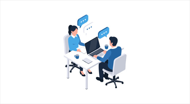 Two people in a business meeting discussing ideas.
